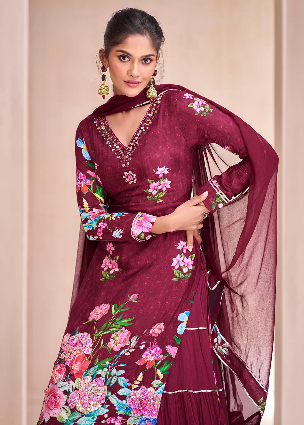 Maroon Pure Muslin Embroidered Lehenga Skirt Suit