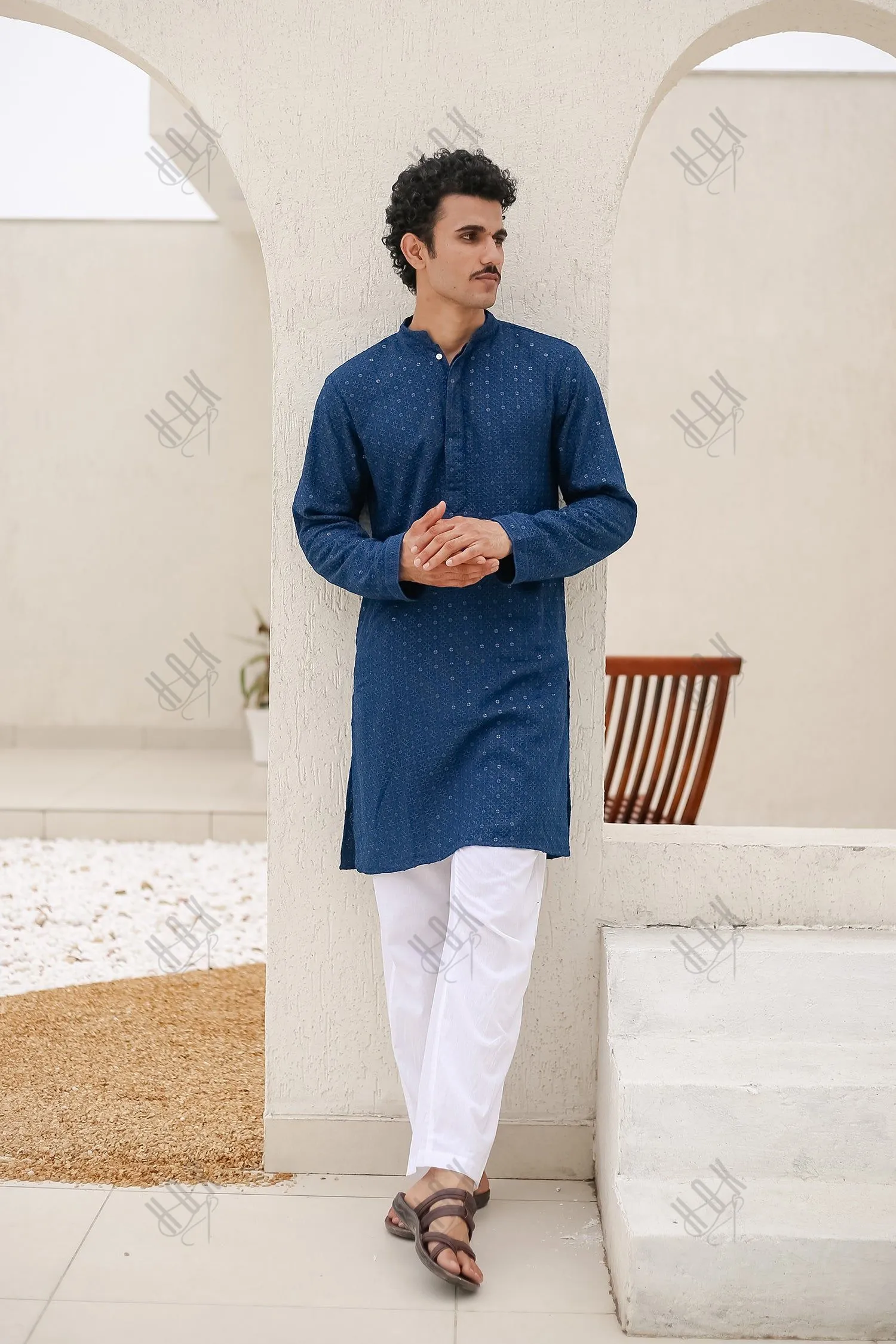 Men's Kurta In  Chikankari Rayon   - Blue