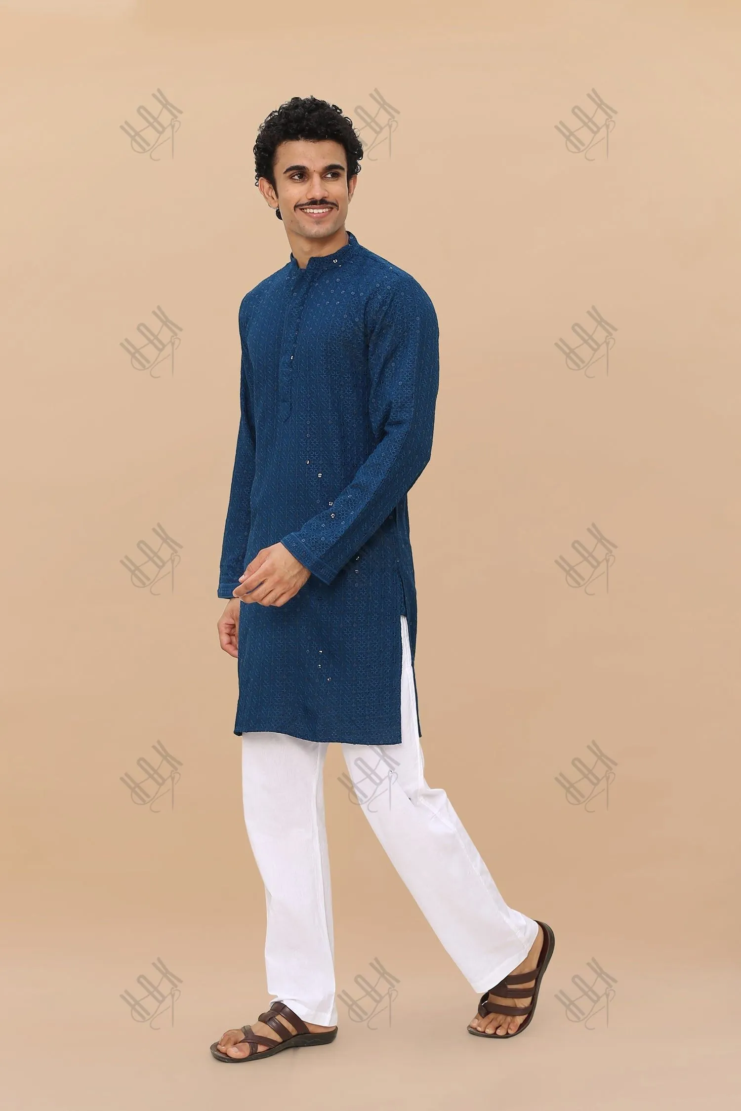 Men's Kurta In  Chikankari Rayon   - Blue