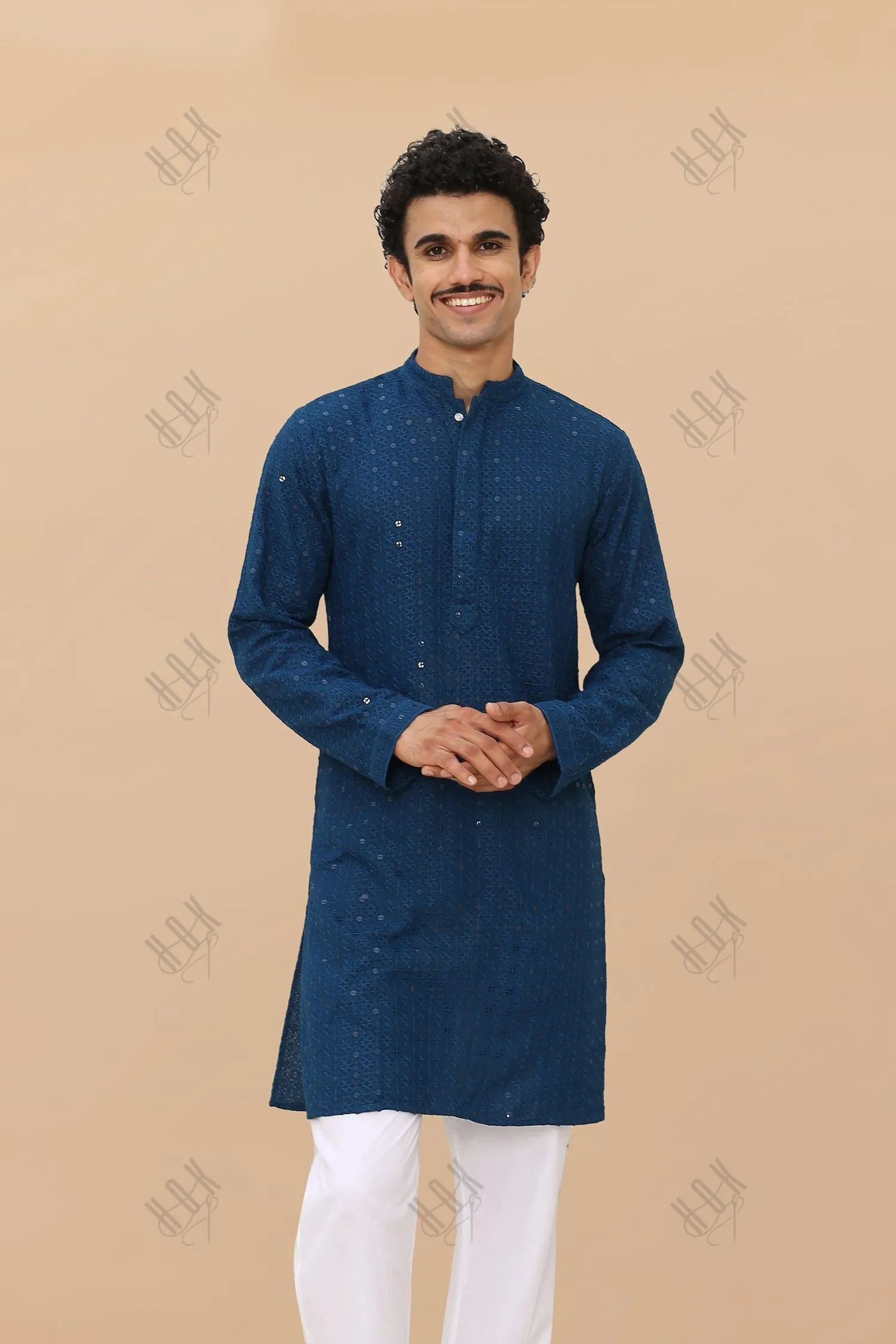 Men's Kurta In  Chikankari Rayon   - Blue