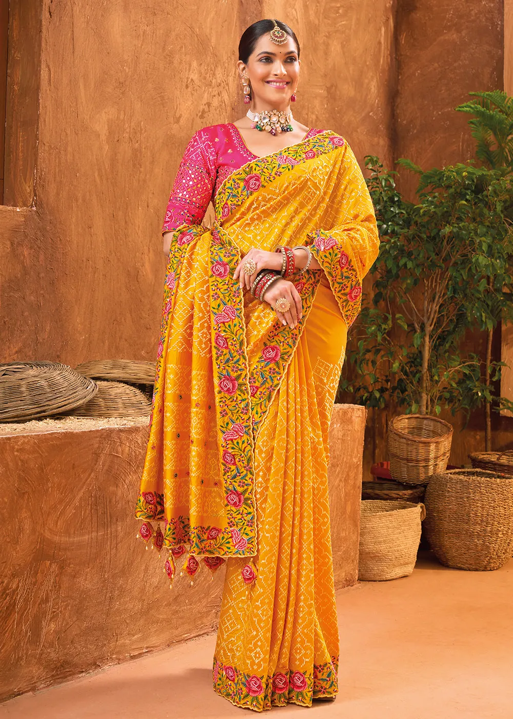 Mustard Hand Work Embroidered Traditional Banarasi Silk Saree