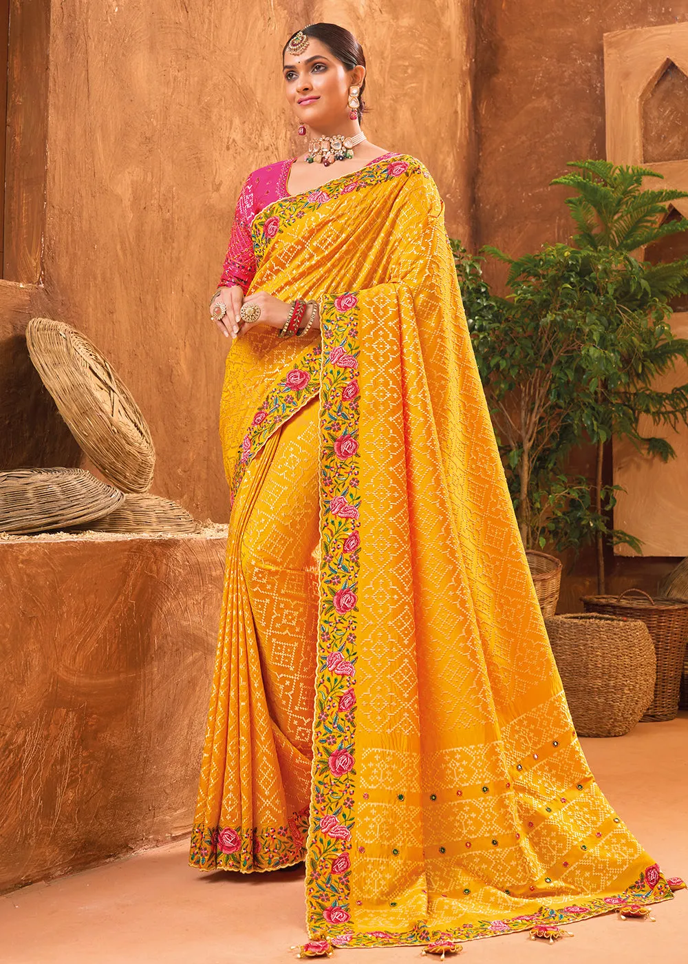 Mustard Hand Work Embroidered Traditional Banarasi Silk Saree