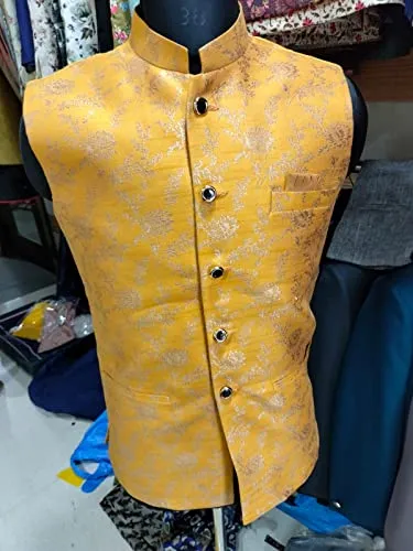 O C GARMENTS Mens Regular Ethnic Wear Traditional Single Embroidered Koti Nehru Jacket With Fancy Design (X-Large, Yellow)