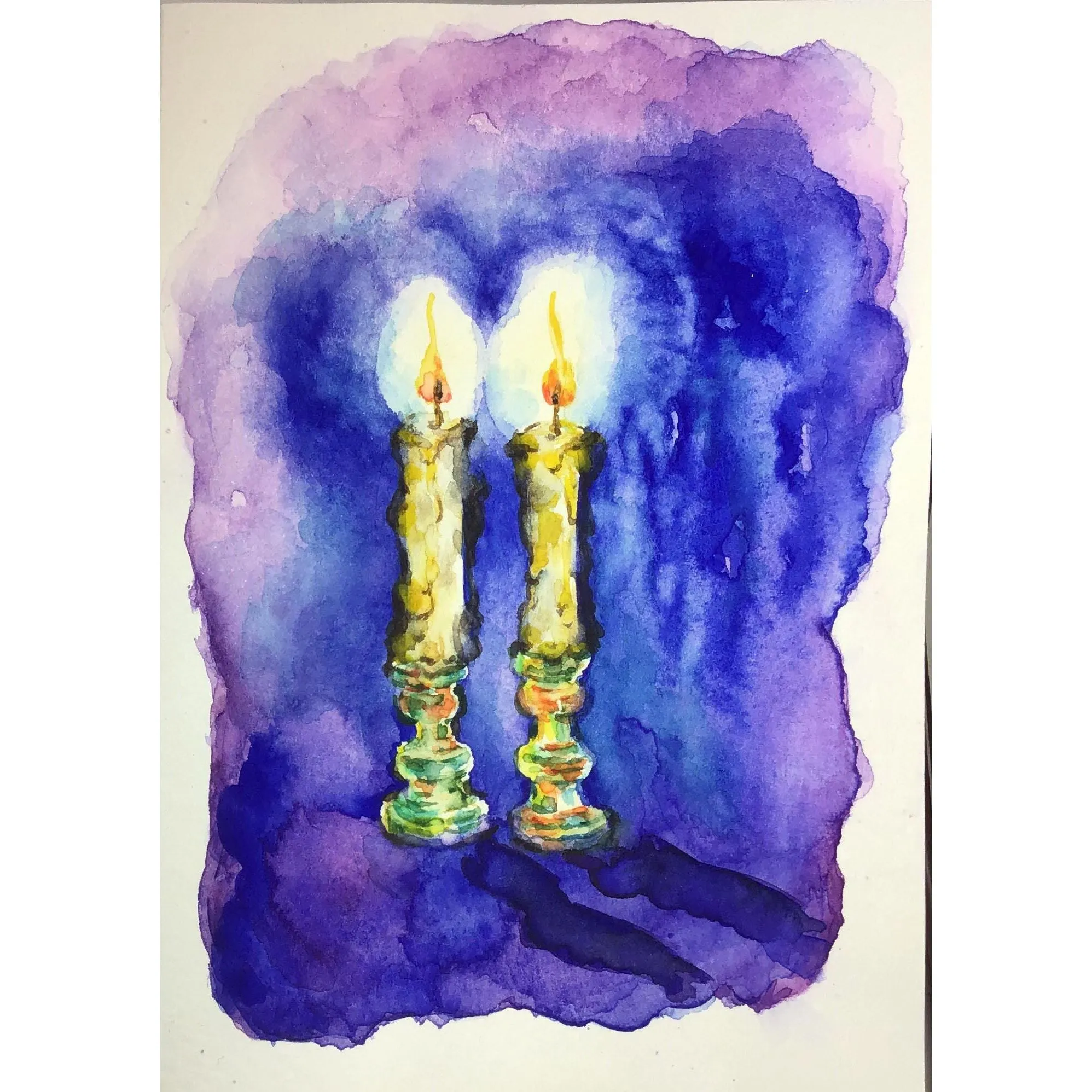 Original Jewish Watercolor Art "Shabbat Candlesticks" Hand Painted Signed By Rochel B.