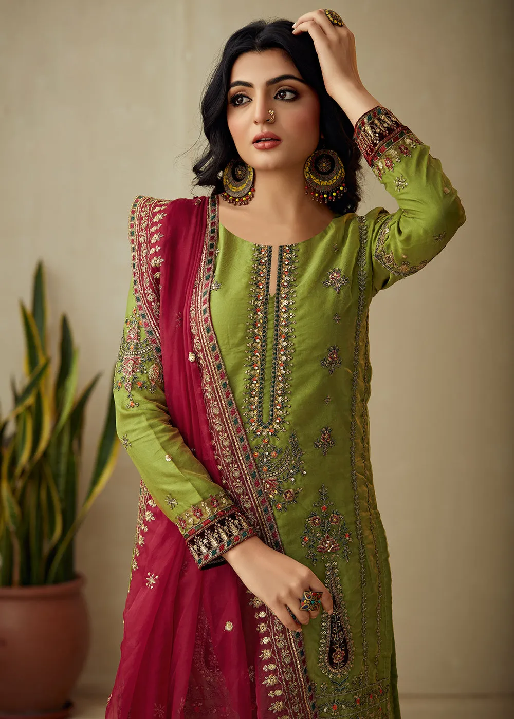 Parrot Green Organza Embroidered Traditional Salwar Kameez