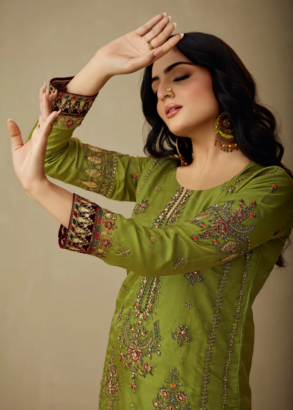 Parrot Green Organza Embroidered Traditional Salwar Kameez