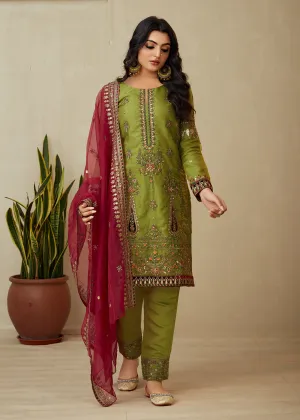 Parrot Green Organza Embroidered Traditional Salwar Kameez