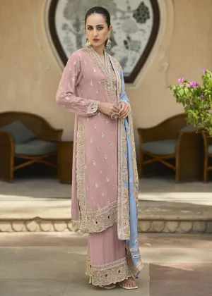 Peachy Pink Semi Chiffon Pakistani Style Palazzo Suit