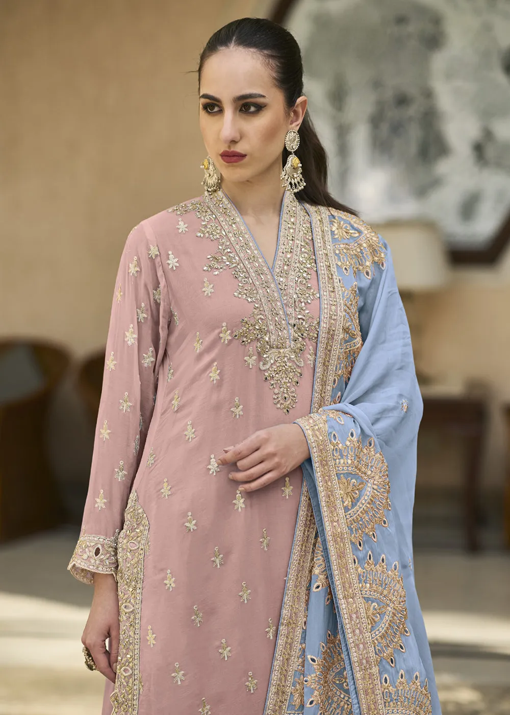 Peachy Pink Semi Chiffon Pakistani Style Palazzo Suit