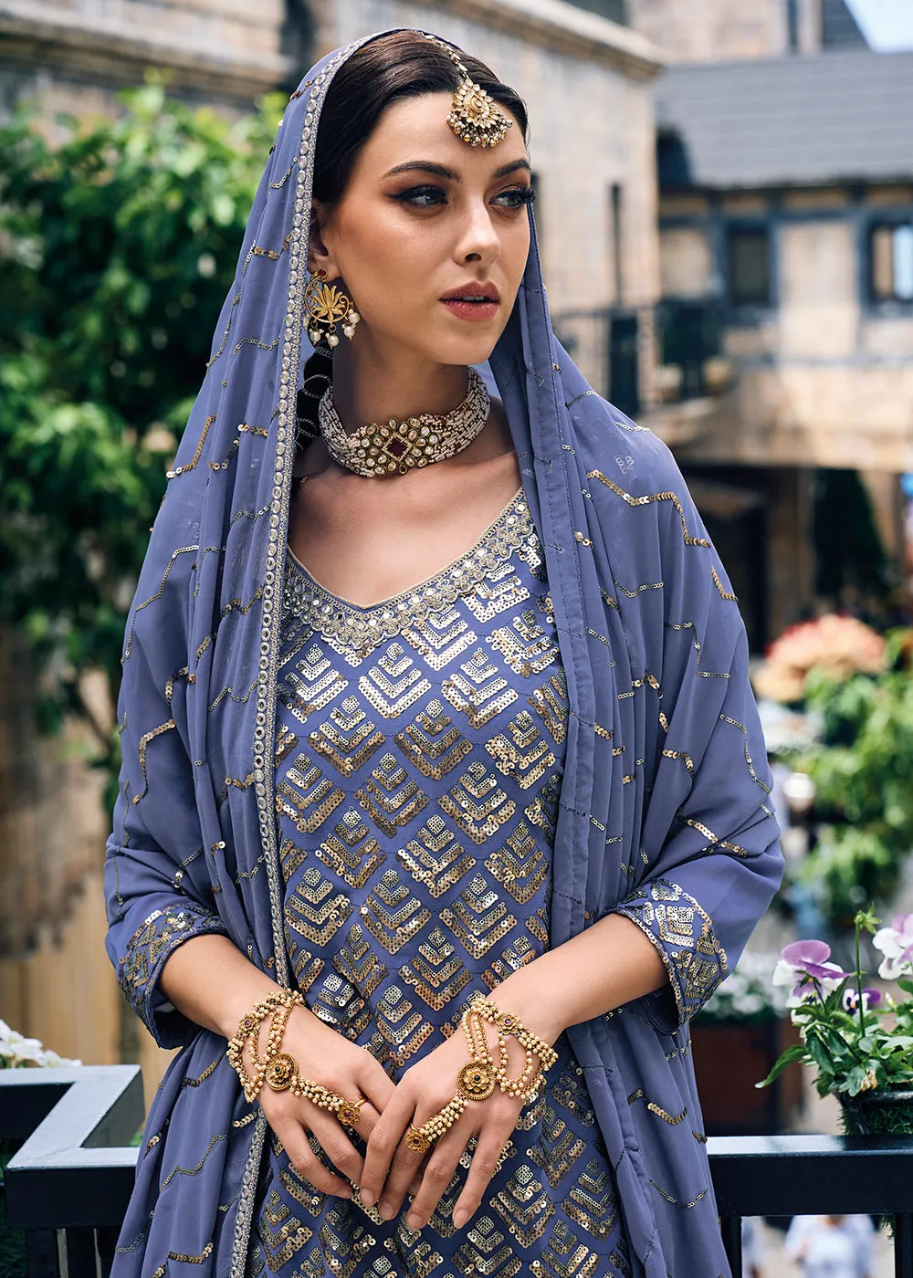 Punjabi Style Lavender Embroidered Designer Palazzo Suit