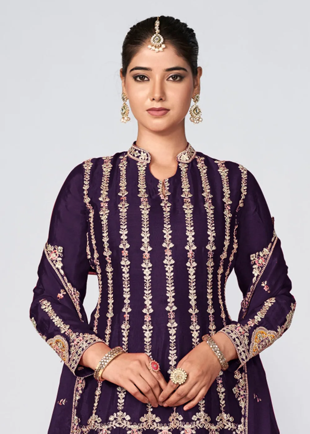 Purple Heavy Chinnon Embroidered Festive Palazzo Suit