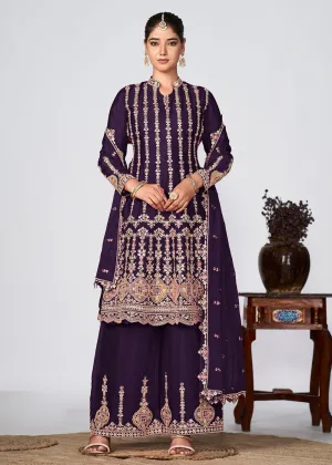 Purple Heavy Chinnon Embroidered Festive Palazzo Suit