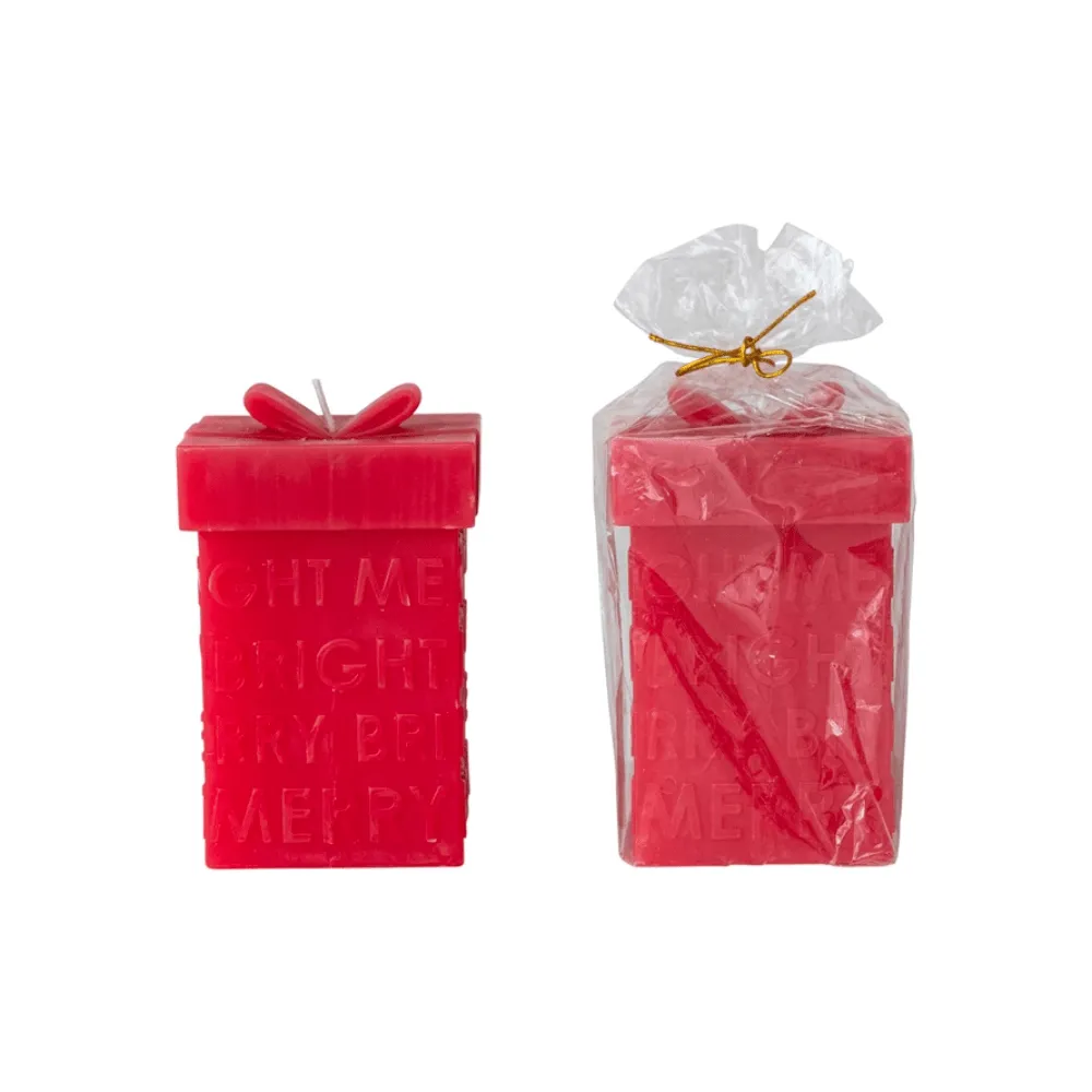 "Merry Bright" Gift Box Shaped Candle, 2 Color Options