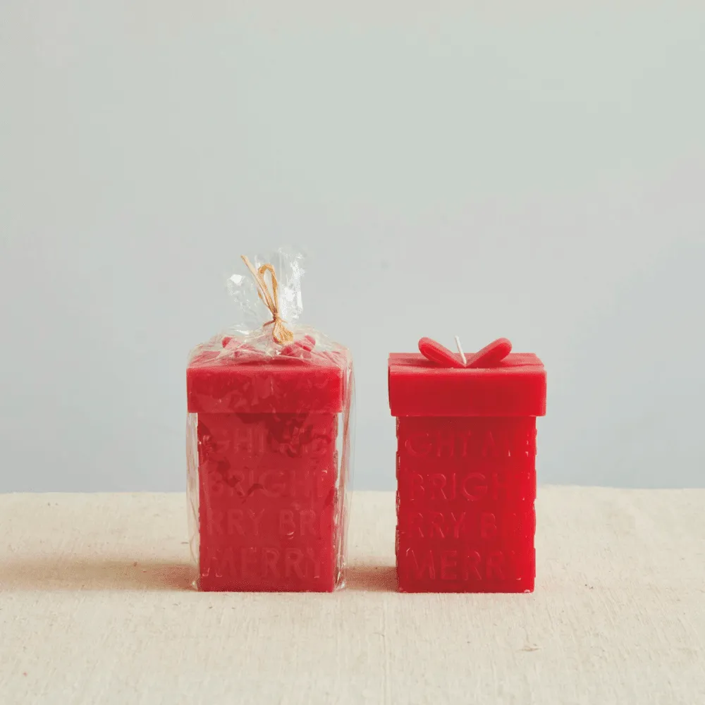 "Merry Bright" Gift Box Shaped Candle, 2 Color Options