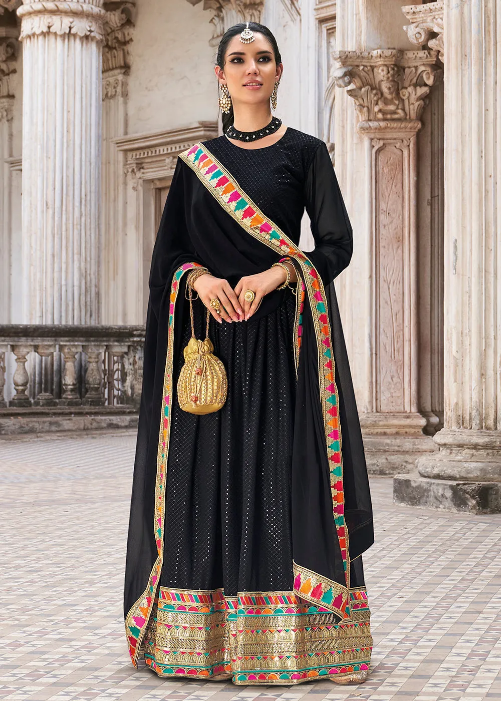 Sequins Embroidered Black Georgette Traditional Anarkali