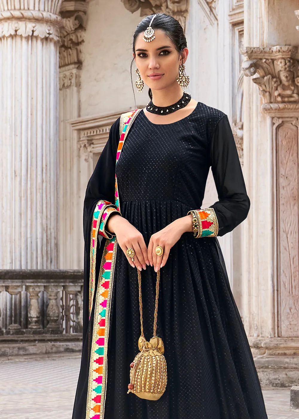 Sequins Embroidered Black Georgette Traditional Anarkali