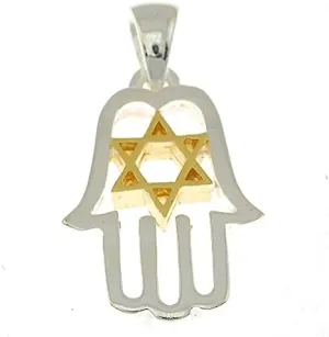 Sterling Silver Gold Hamsa Star of David Pendant   Sterling Silver Chain