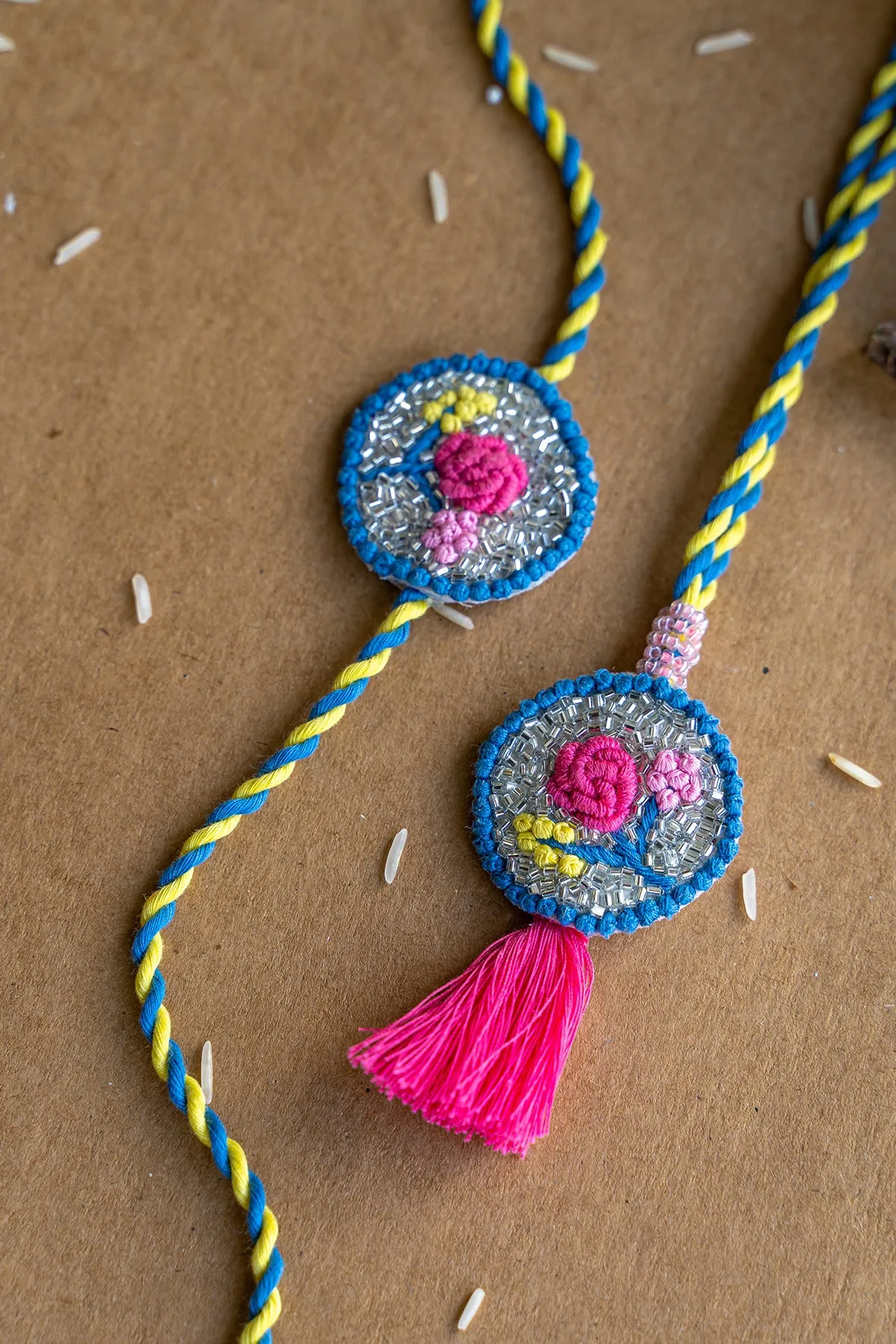 The Flower Bouquet Embroidered Rakhi and Lumba Set