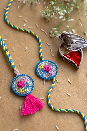 The Flower Bouquet Embroidered Rakhi and Lumba Set