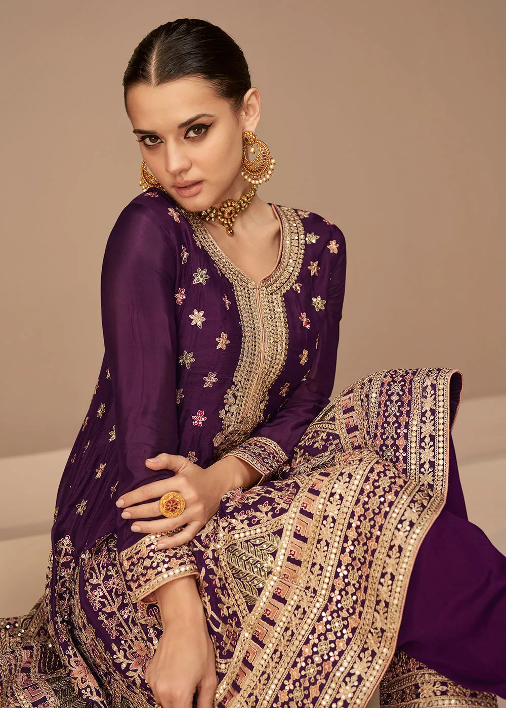 Traditional Look Wine Purple Chinon Silk Punjabi Style Suit