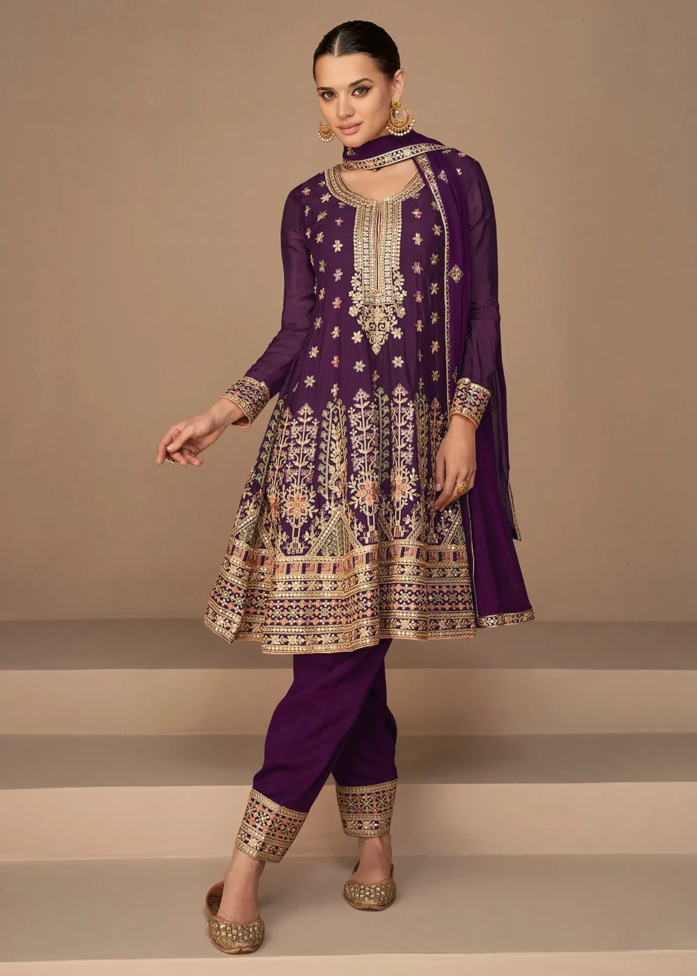 Traditional Look Wine Purple Chinon Silk Punjabi Style Suit