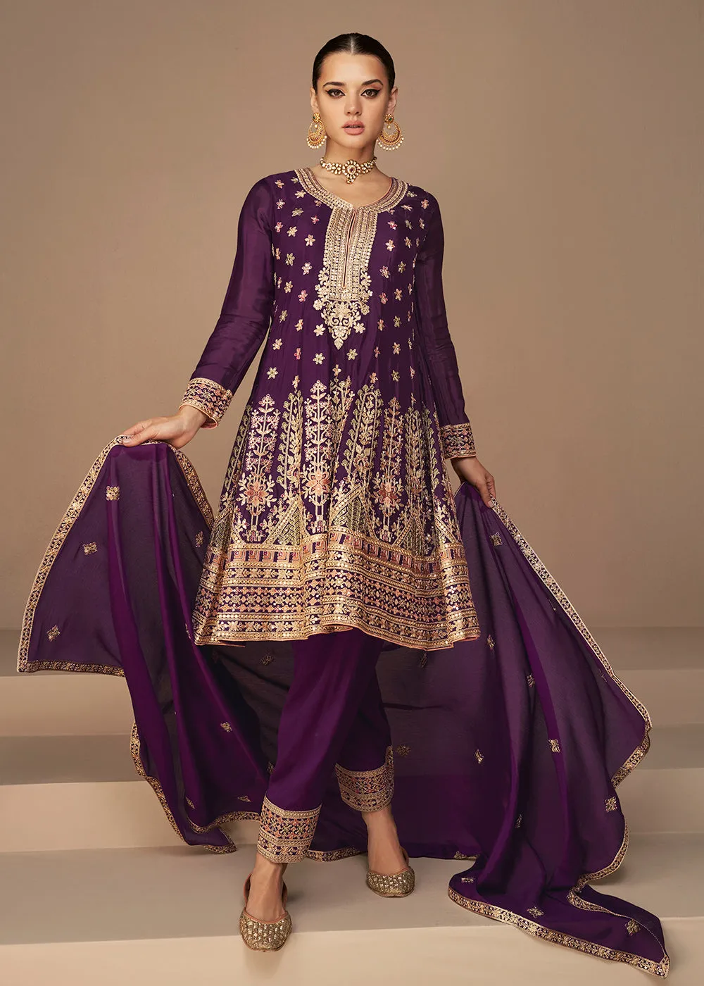 Traditional Look Wine Purple Chinon Silk Punjabi Style Suit