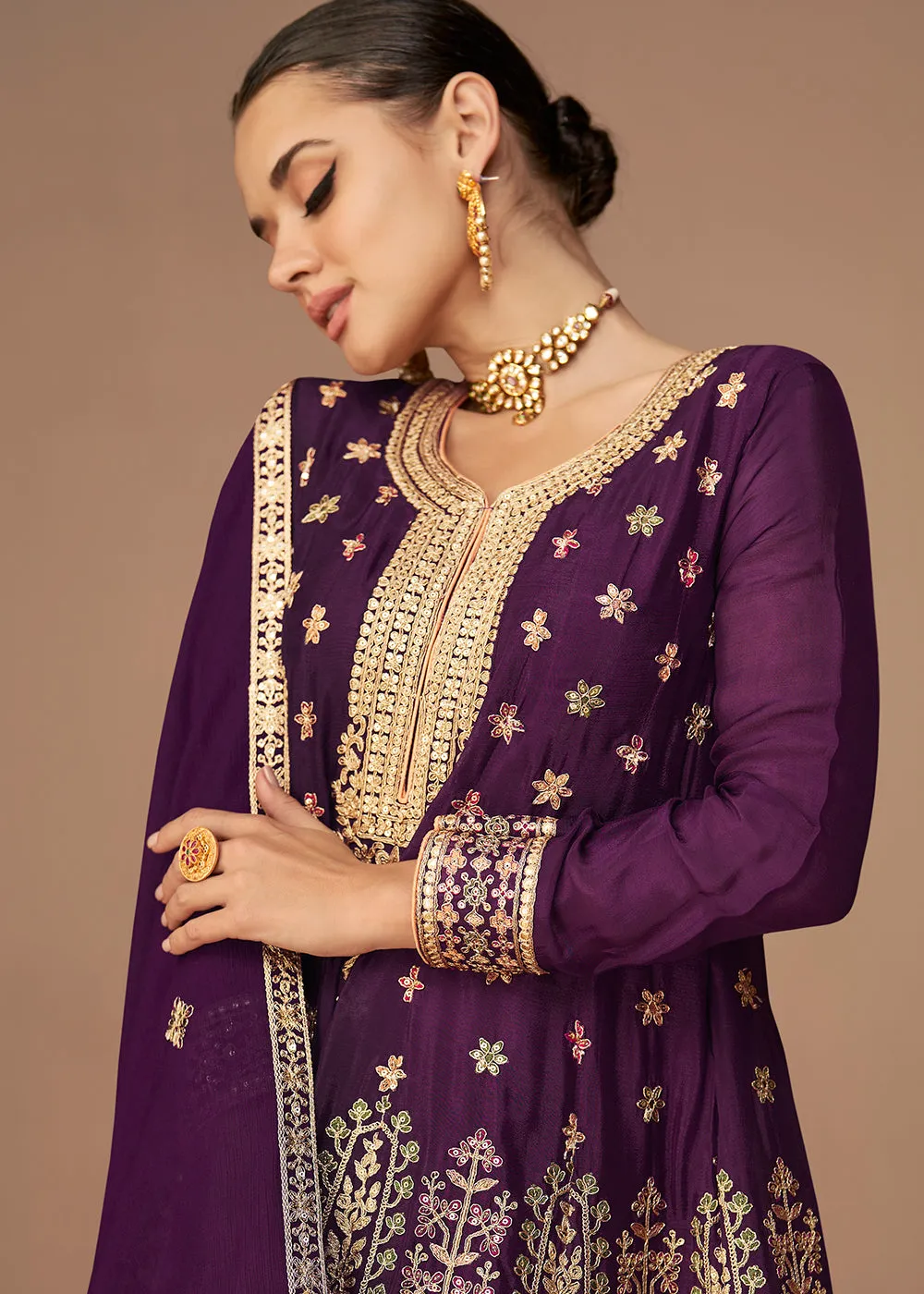 Traditional Look Wine Purple Chinon Silk Punjabi Style Suit