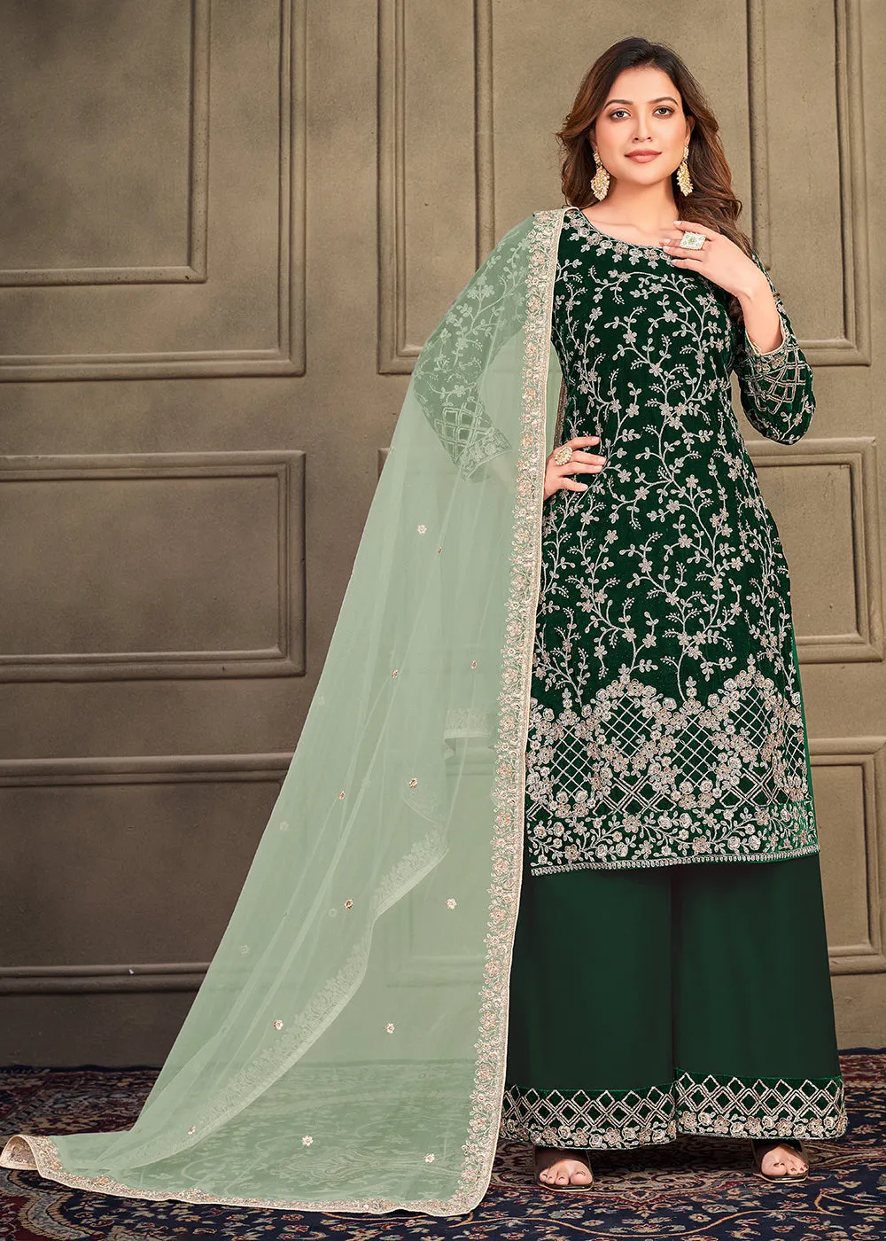 Traditional Party Wear Dark Green Velvet Palazzo Salwar Kurta