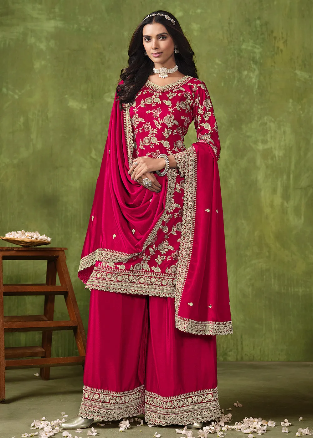 Wedding Wear Pink Dola Silk Jacquard Palazzo Suit