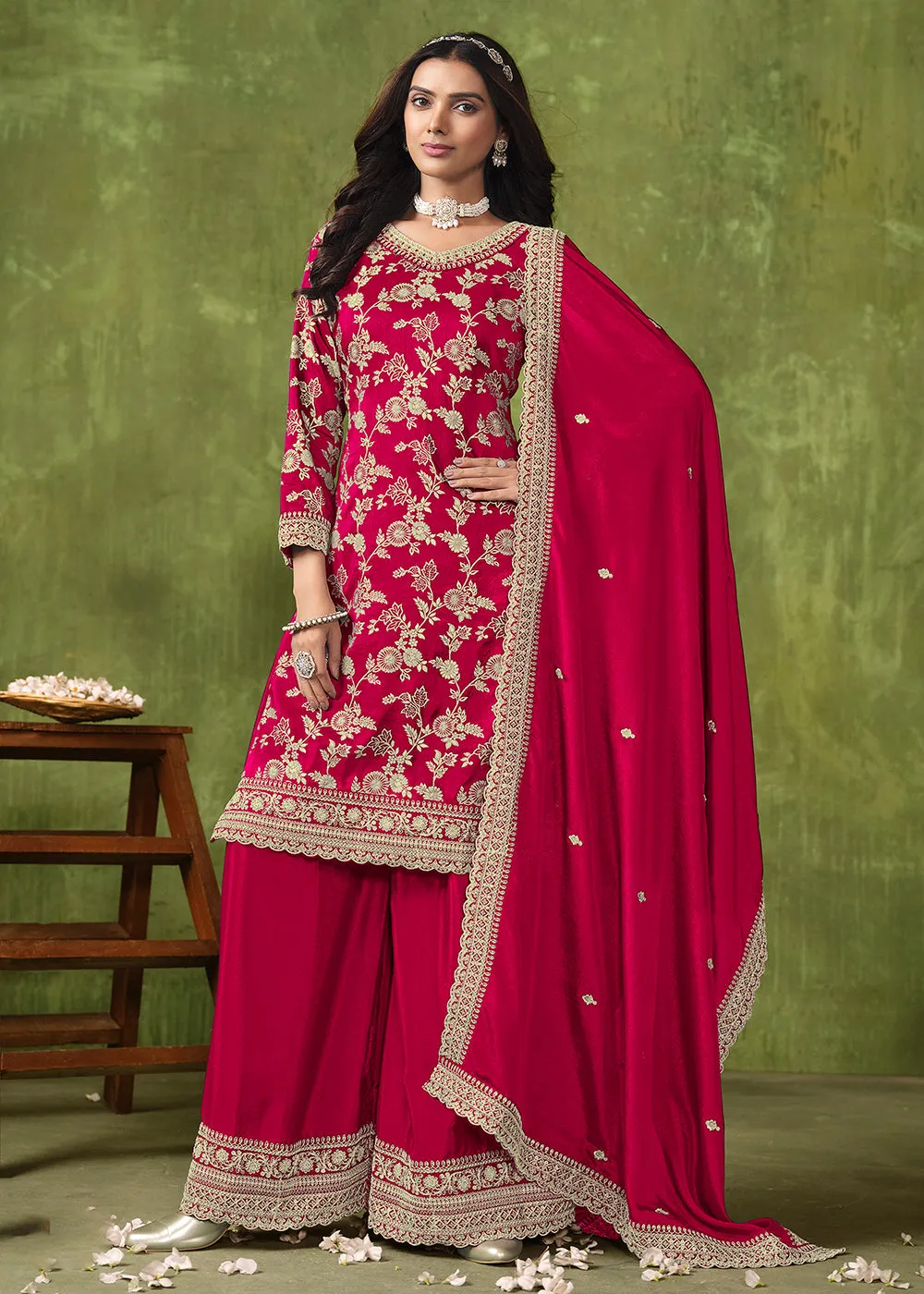 Wedding Wear Pink Dola Silk Jacquard Palazzo Suit