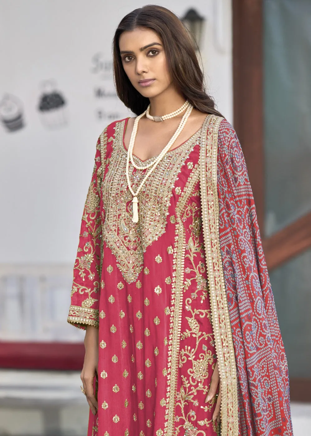 Wedding Wear Pink Palazzo Suit with Bandhej Dupatta